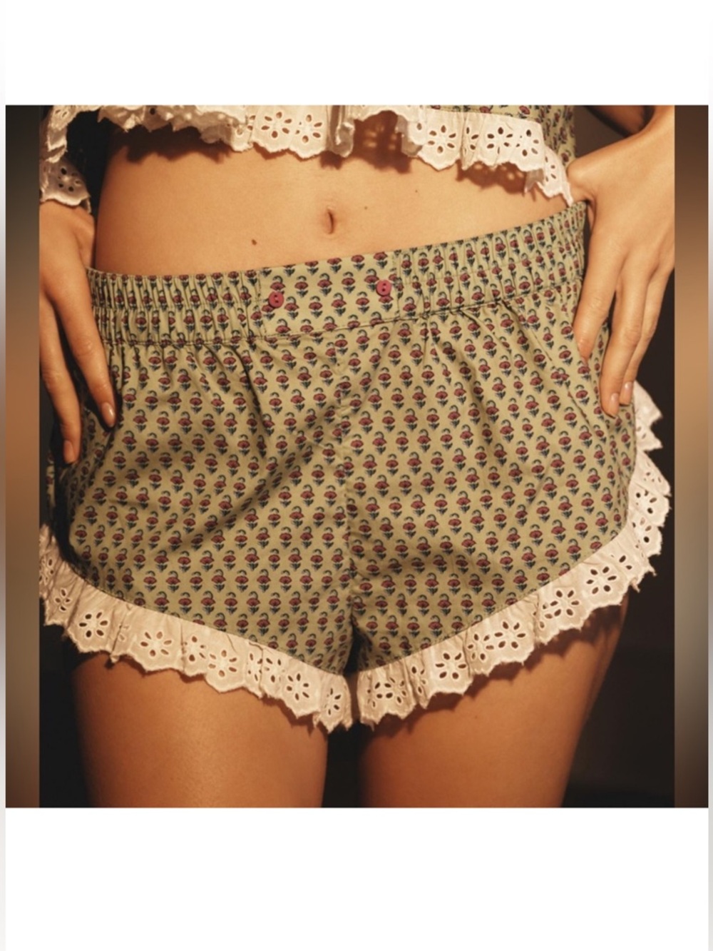 Anthropologie Eyelet Micro Shorts Printed Ruffle Lounge Boxer Style Sz L